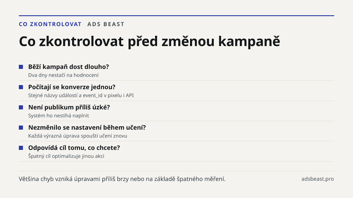 Co zkontrolovat před změnou kampaně. Běží kampaň dost dlouho?: Dva dny nestačí na hodnocení; Počítají se konverze jednou?: Stejné názvy událostí a event_id v pixelu i API; Není publikum příliš úzké?: Systém ho nestíhá naplnit; Nezměnilo se nastavení během učení?: Každá výrazná úprava spouští učení z