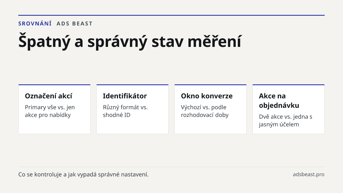 Špatný a správný stav měření. Označení akcí: Primary vše vs. jen akce pro nabídky; Identifikátor: Různý formát vs. shodné ID; Okno konverze: Výchozí vs. podle rozhodovací doby; Akce na objednávku: Dvě akce vs. jedna s jasným účelem