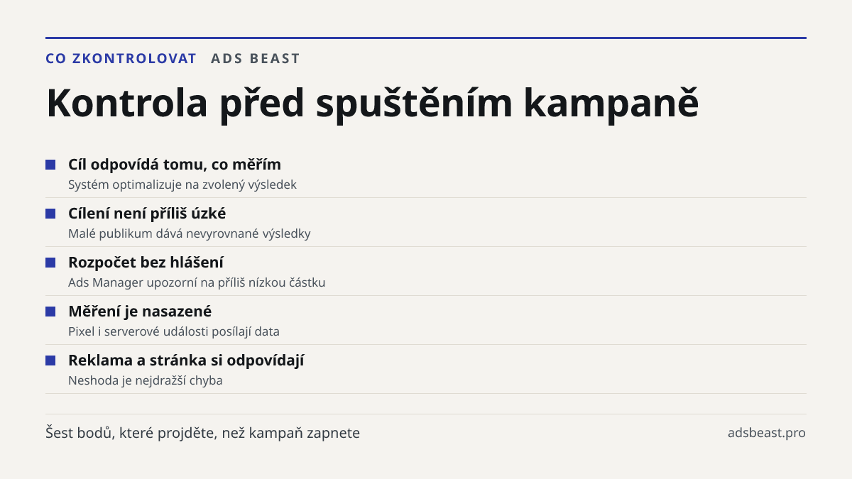 Kontrola před spuštěním kampaně. Cíl odpovídá tomu, co měřím: Systém optimalizuje na zvolený výsledek; Cílení není příliš úzké: Malé publikum dává nevyrovnané výsledky; Rozpočet bez hlášení: Ads Manager upozorní na příliš nízkou částku; Měření je nasazené: Pixel i serverové události posílají data; R