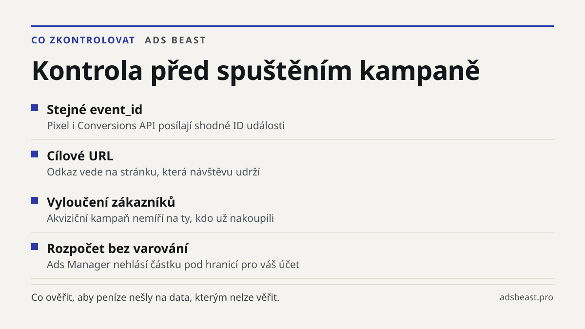 Kontrola před spuštěním kampaně. Stejné event_id: Pixel i Conversions API posílají shodné ID události; Cílové URL: Odkaz vede na stránku, která návštěvu udrží; Vyloučení zákazníků: Akviziční kampaň nemíří na ty, kdo už nakoupili; Rozpočet bez varování: Ads Manager nehlásí částku pod hranicí pro váš 
