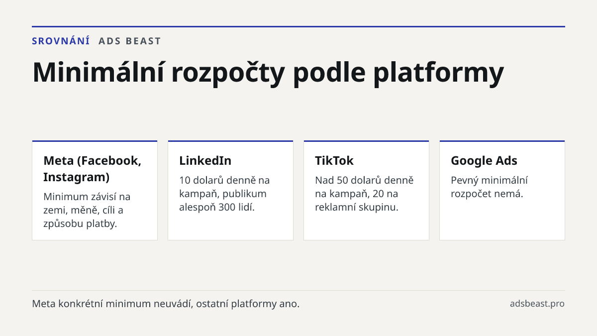 Minimální rozpočty podle platformy. Meta (Facebook, Instagram): Minimum závisí na zemi, měně, cíli a způsobu platby.; LinkedIn: 10 dolarů denně na kampaň, publikum alespoň 300 lidí.; TikTok: Nad 50 dolarů denně na kampaň, 20 na reklamní skupinu.; Google Ads: Pevný minimální rozpočet nemá.