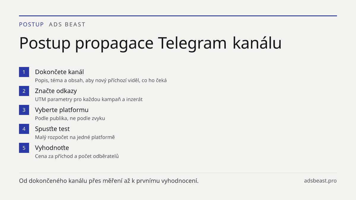Postup propagace Telegram kanálu. Dokončete kanál: Popis, téma a obsah, aby nový příchozí viděl, co ho čeká; Značte odkazy: UTM parametry pro každou kampaň a inzerát; Vyberte platformu: Podle publika, ne podle zvyku; Spusťte test: Malý rozpočet na jedné platformě; Vyhodnoťte: Cena za příchod a počet