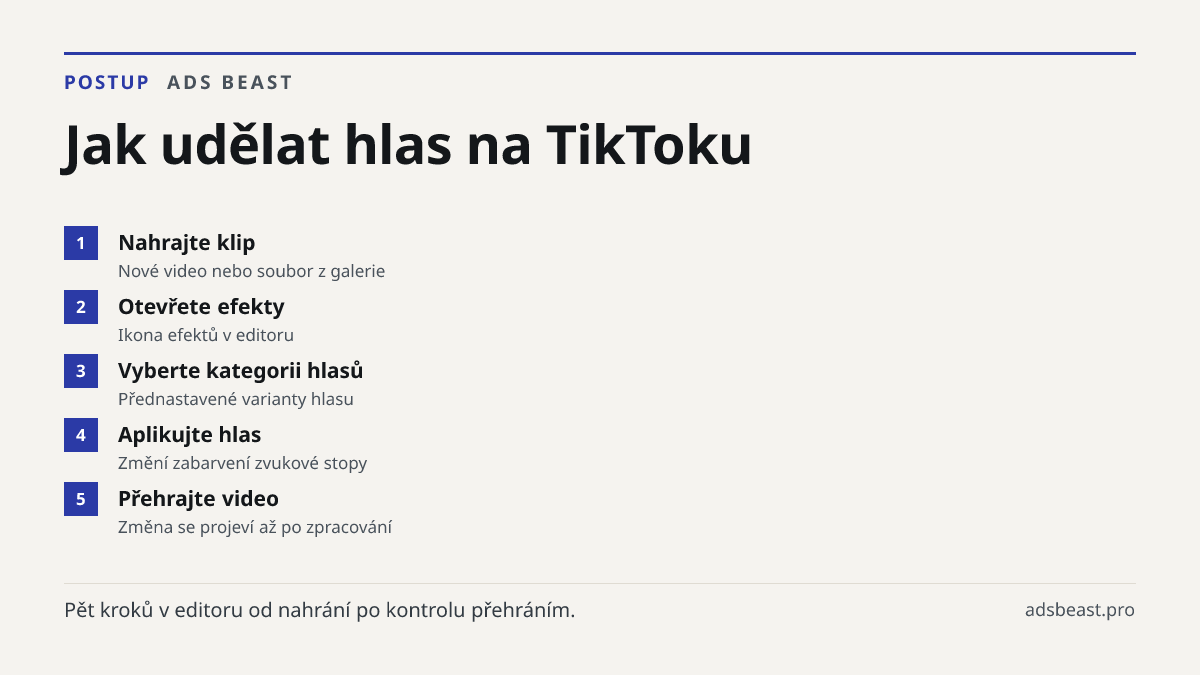 Jak udělat hlas na TikToku. Nahrajte klip: Nové video nebo soubor z galerie; Otevřete efekty: Ikona efektů v editoru; Vyberte kategorii hlasů: Přednastavené varianty hlasu; Aplikujte hlas: Změní zabarvení zvukové stopy; Přehrajte video: Změna se projeví až po zpracování