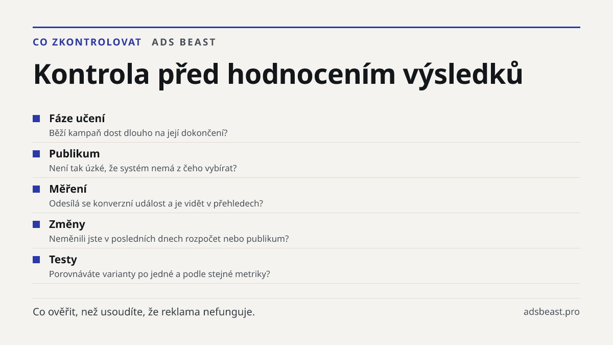 Kontrola před hodnocením výsledků. Fáze učení: Běží kampaň dost dlouho na její dokončení?; Publikum: Není tak úzké, že systém nemá z čeho vybírat?; Měření: Odesílá se konverzní událost a je vidět v přehledech?; Změny: Neměnili jste v posledních dnech rozpočet nebo publikum?; Testy: Porovnáváte varia
