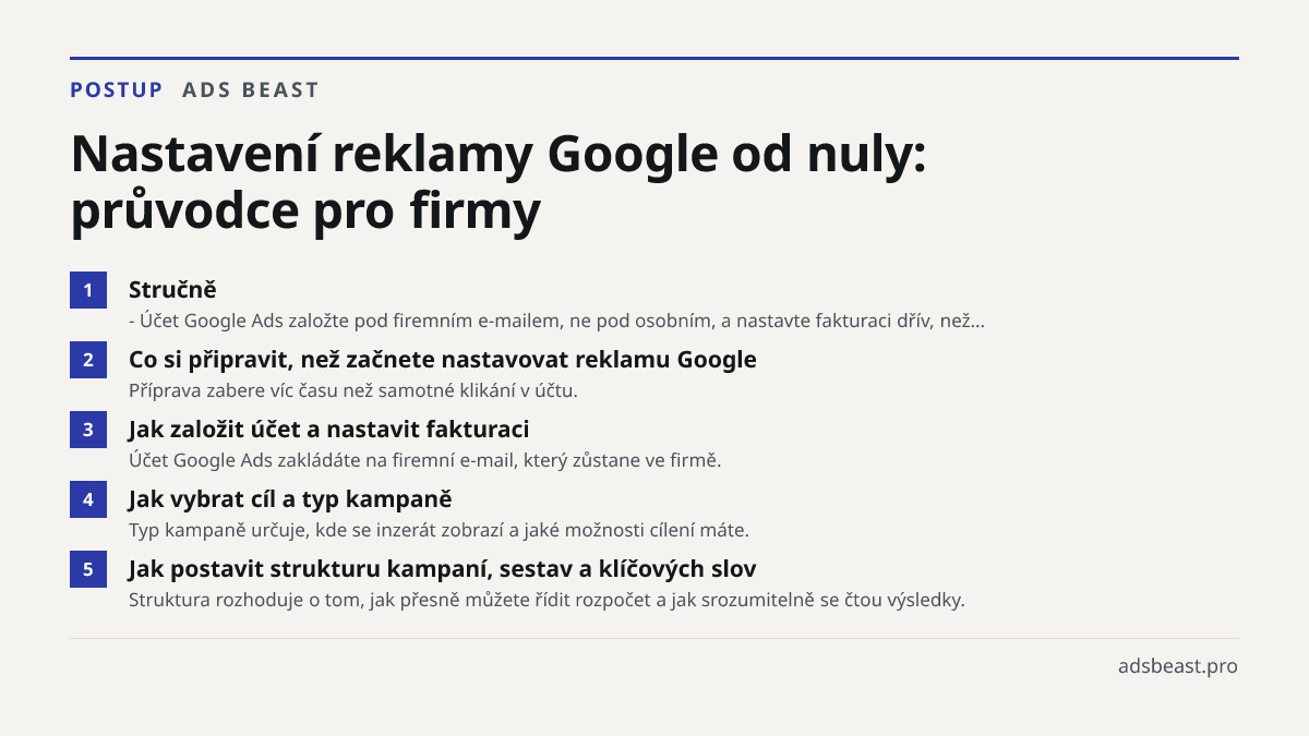 Nastavení reklamy Google od nuly: průvodce pro firmy. Stručně: - Účet Google Ads založte pod firemním e-mailem, ne pod osobním, a nastavte fakturaci dřív, než…; Co si připravit, než začnete nastavovat reklamu Google: Příprava zabere víc času než samotné klikání v účtu.; Jak založit účet a nastavit f