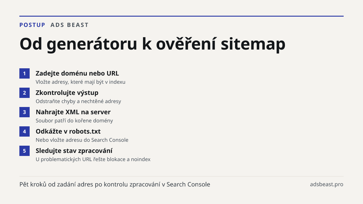 Od generátoru k ověření sitemap. Zadejte doménu nebo URL: Vložte adresy, které mají být v indexu; Zkontrolujte výstup: Odstraňte chyby a nechtěné adresy; Nahrajte XML na server: Soubor patří do kořene domény; Odkážte v robots.txt: Nebo vložte adresu do Search Console; Sledujte stav zpracování: U pro