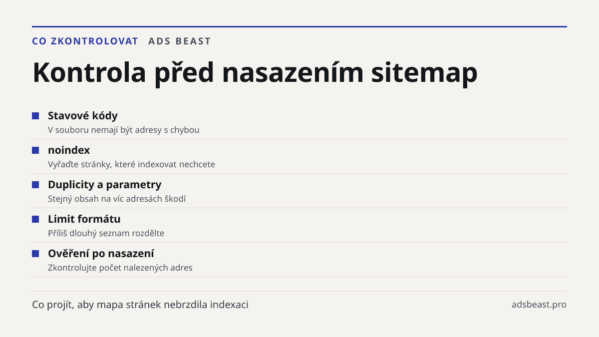 Kontrola před nasazením sitemap. Stavové kódy: V souboru nemají být adresy s chybou; noindex: Vyřaďte stránky, které indexovat nechcete; Duplicity a parametry: Stejný obsah na víc adresách škodí; Limit formátu: Příliš dlouhý seznam rozdělte; Ověření po nasazení: Zkontrolujte počet nalezených adres