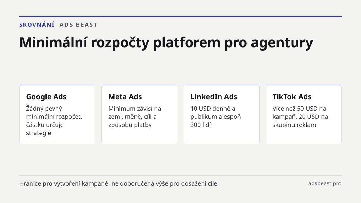 Minimální rozpočty platforem pro agentury. Google Ads: Žádný pevný minimální rozpočet, částku určuje strategie; Meta Ads: Minimum závisí na zemi, měně, cíli a způsobu platby; LinkedIn Ads: 10 USD denně a publikum alespoň 300 lidí; TikTok Ads: Více než 50 USD na kampaň, 20 USD na skupinu reklam