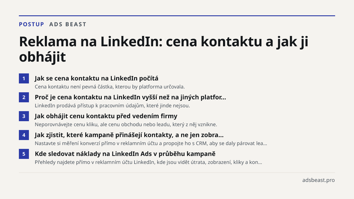 Reklama na LinkedIn: cena kontaktu a jak ji obhájit. Jak se cena kontaktu na LinkedIn počítá: Cena kontaktu není pevná částka, kterou by platforma určovala.; Proč je cena kontaktu na LinkedIn vyšší než na jiných platfor…: LinkedIn prodává přístup k pracovním údajům, které jinde nejsou.; Jak obhájit 