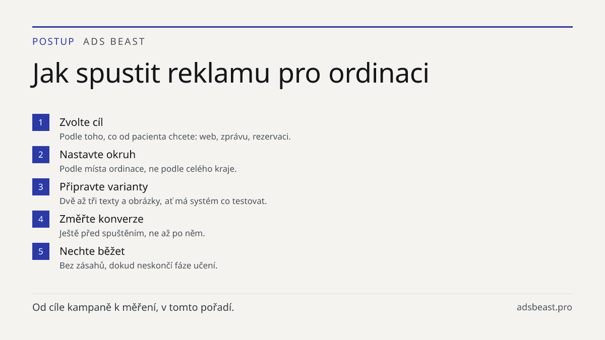 Jak spustit reklamu pro ordinaci. Zvolte cíl: Podle toho, co od pacienta chcete: web, zprávu, rezervaci.; Nastavte okruh: Podle místa ordinace, ne podle celého kraje.; Připravte varianty: Dvě až tři texty a obrázky, ať má systém co testovat.; Změřte konverze: Ještě před spuštěním, ne až po něm.; Nec