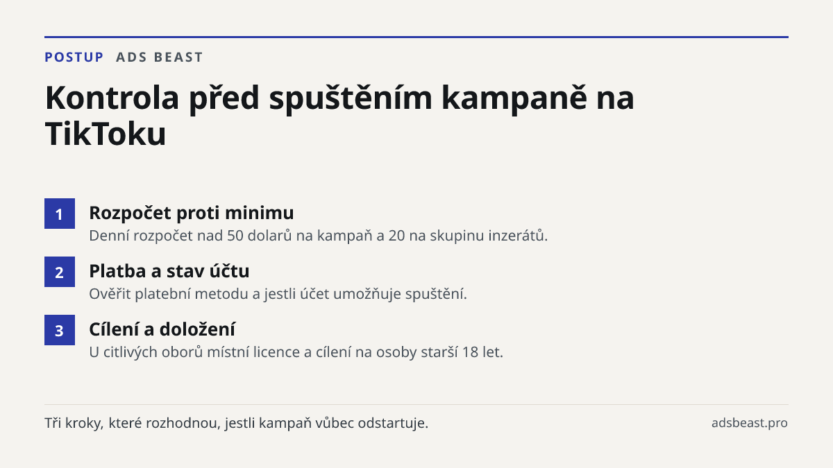 Kontrola před spuštěním kampaně na TikToku. Rozpočet proti minimu: Denní rozpočet nad 50 dolarů na kampaň a 20 na skupinu inzerátů.; Platba a stav účtu: Ověřit platební metodu a jestli účet umožňuje spuštění.; Cílení a doložení: U citlivých oborů místní licence a cílení na osoby starší 18 let.