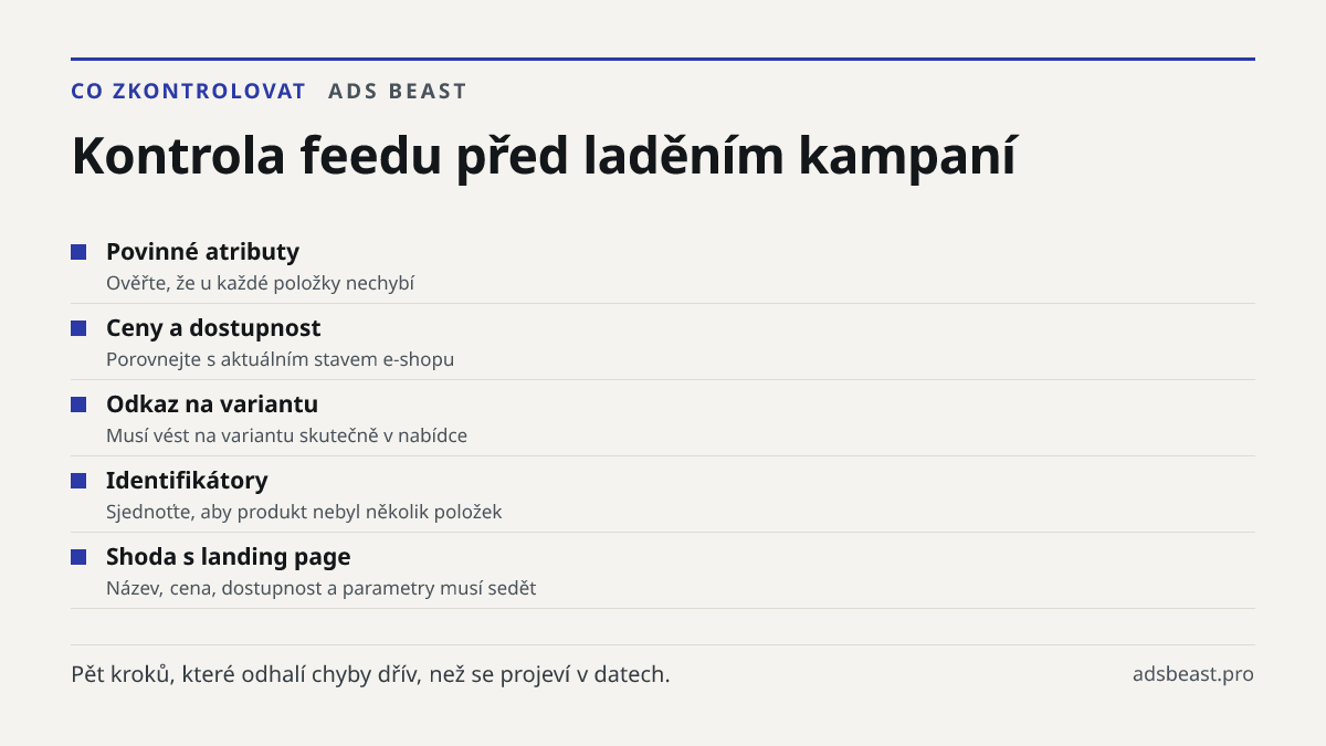 Kontrola feedu před laděním kampaní. Povinné atributy: Ověřte, že u každé položky nechybí; Ceny a dostupnost: Porovnejte s aktuálním stavem e-shopu; Odkaz na variantu: Musí vést na variantu skutečně v nabídce; Identifikátory: Sjednoťte, aby produkt nebyl několik položek; Shoda s landing page: Název,