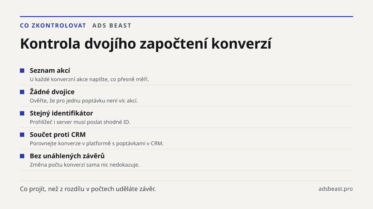 Kontrola dvojího započtení konverzí. Seznam akcí: U každé konverzní akce napište, co přesně měří.; Žádné dvojice: Ověřte, že pro jednu poptávku není víc akcí.; Stejný identifikátor: Prohlížeč i server musí poslat shodné ID.; Součet proti CRM: Porovnejte konverze v platformě s poptávkami v CRM.; Bez 