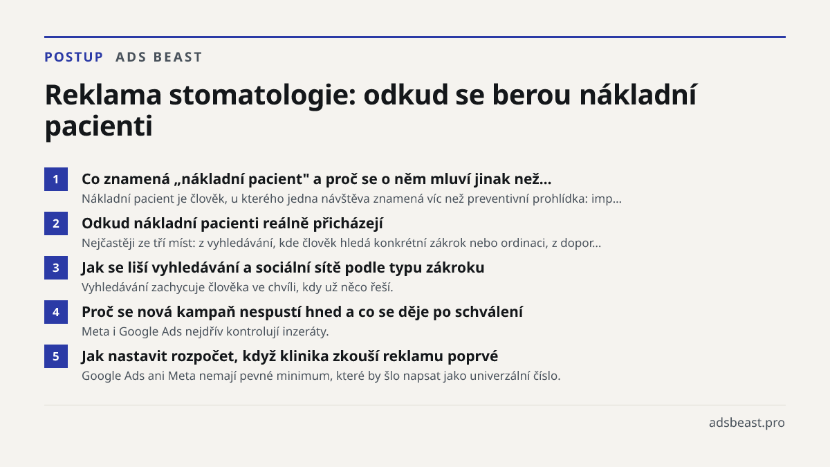 Reklama stomatologie: odkud se berou nákladní pacienti. Co znamená „nákladní pacient" a proč se o něm mluví jinak než…: Nákladní pacient je člověk, u kterého jedna návštěva znamená víc než preventivní prohlídka: imp…; Odkud nákladní pacienti reálně přicházejí: Nejčastěji ze tří míst: z vyhledávání, 