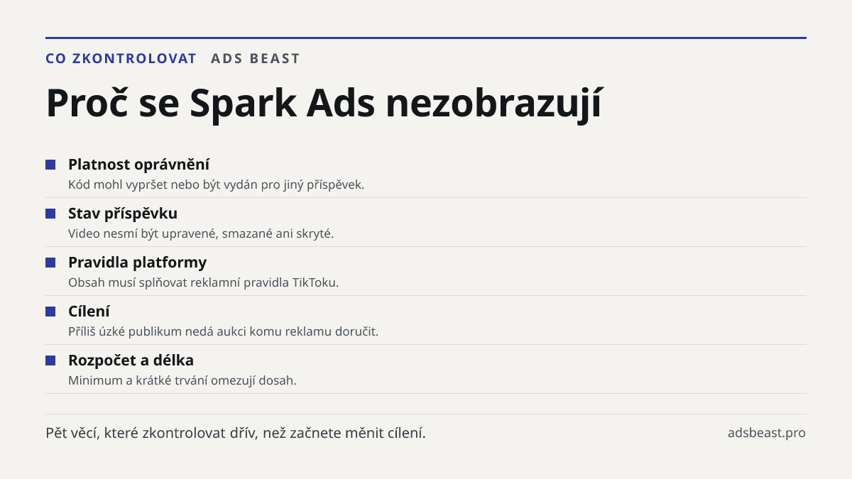 Proč se Spark Ads nezobrazují. Platnost oprávnění: Kód mohl vypršet nebo být vydán pro jiný příspěvek.; Stav příspěvku: Video nesmí být upravené, smazané ani skryté.; Pravidla platformy: Obsah musí splňovat reklamní pravidla TikToku.; Cílení: Příliš úzké publikum nedá aukci komu reklamu doručit.; Ro