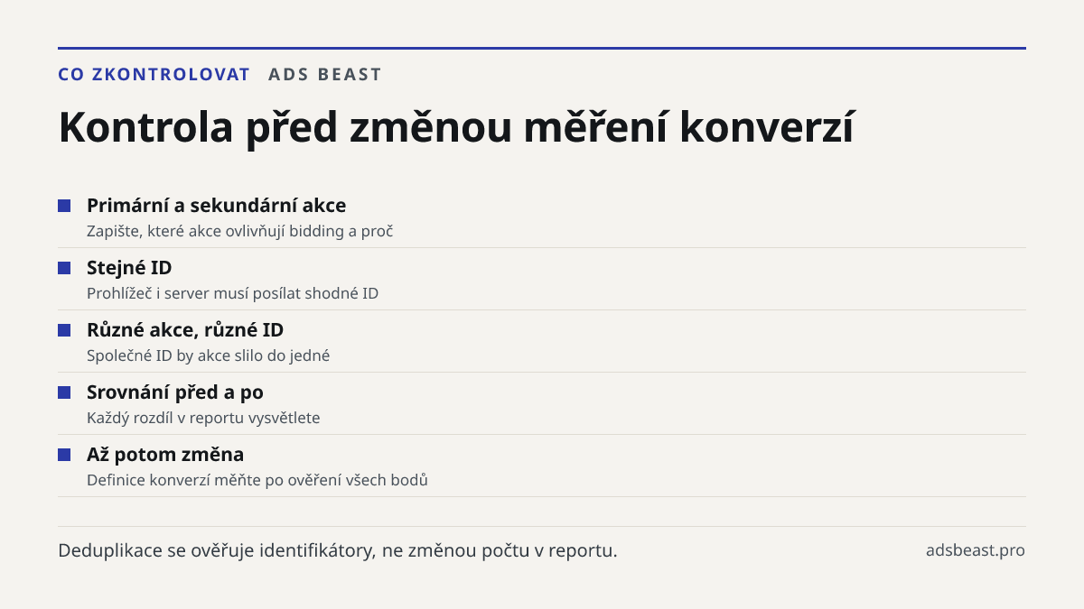 Kontrola před změnou měření konverzí. Primární a sekundární akce: Zapište, které akce ovlivňují bidding a proč; Stejné ID: Prohlížeč i server musí posílat shodné ID; Různé akce, různé ID: Společné ID by akce slilo do jedné; Srovnání před a po: Každý rozdíl v reportu vysvětlete; Až potom změna: Defin