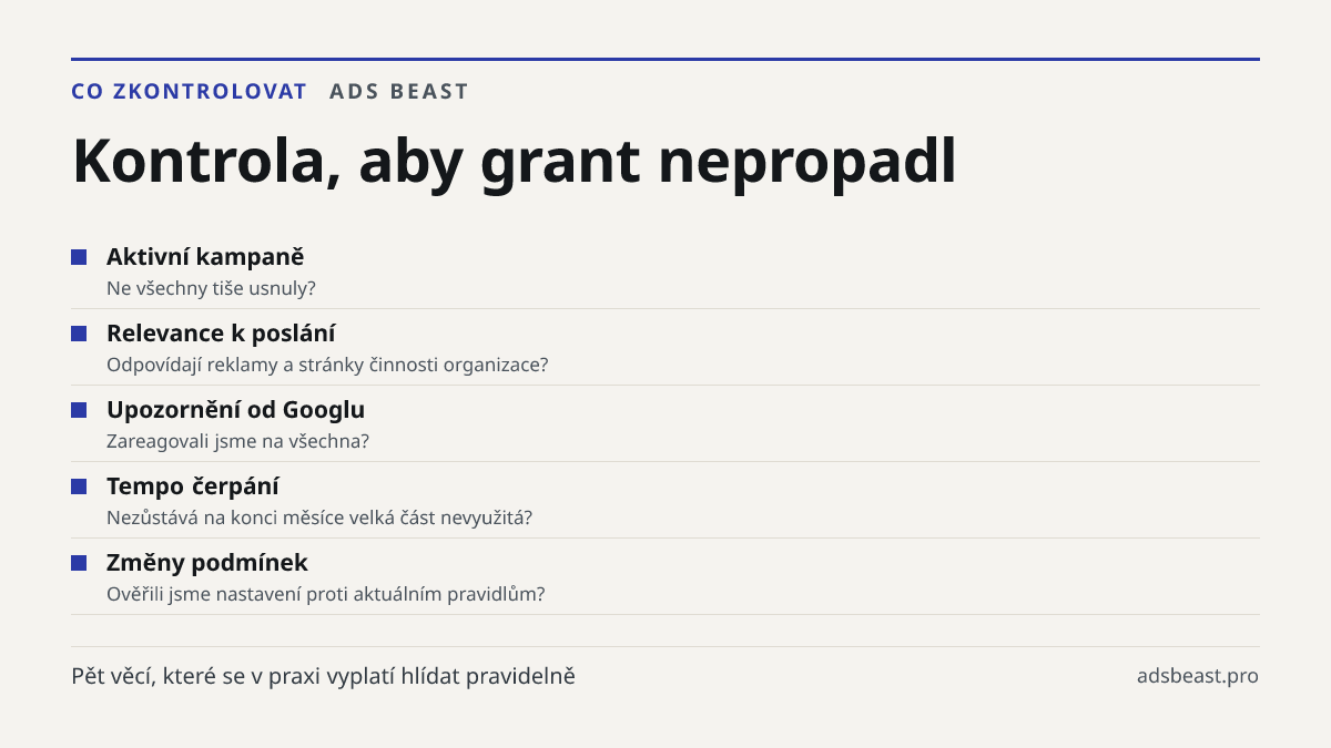 Kontrola, aby grant nepropadl. Aktivní kampaně: Ne všechny tiše usnuly?; Relevance k poslání: Odpovídají reklamy a stránky činnosti organizace?; Upozornění od Googlu: Zareagovali jsme na všechna?; Tempo čerpání: Nezůstává na konci měsíce velká část nevyužitá?; Změny podmínek: Ověřili jsme nastavení 