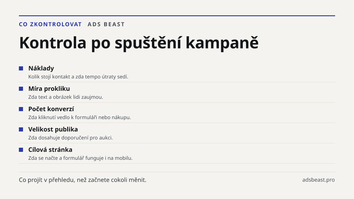 Kontrola po spuštění kampaně. Náklady: Kolik stojí kontakt a zda tempo útraty sedí.; Míra prokliku: Zda text a obrázek lidi zaujmou.; Počet konverzí: Zda kliknutí vedlo k formuláři nebo nákupu.; Velikost publika: Zda dosahuje doporučení pro aukci.; Cílová stránka: Zda se načte a formulář funguje i n