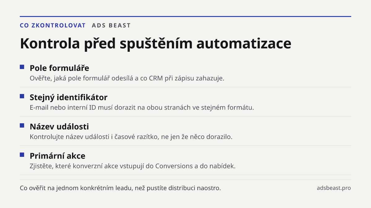 Kontrola před spuštěním automatizace. Pole formuláře: Ověřte, jaká pole formulář odesílá a co CRM při zápisu zahazuje.; Stejný identifikátor: E-mail nebo interní ID musí dorazit na obou stranách ve stejném formátu.; Název události: Kontrolujte název události i časové razítko, ne jen že něco dorazilo