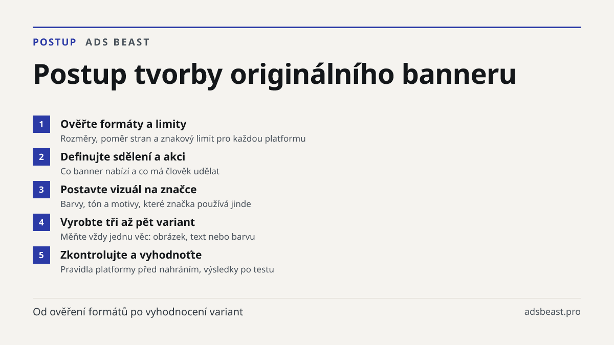 Postup tvorby originálního banneru. Ověřte formáty a limity: Rozměry, poměr stran a znakový limit pro každou platformu; Definujte sdělení a akci: Co banner nabízí a co má člověk udělat; Postavte vizuál na značce: Barvy, tón a motivy, které značka používá jinde; Vyrobte tři až pět variant: Měňte vždy