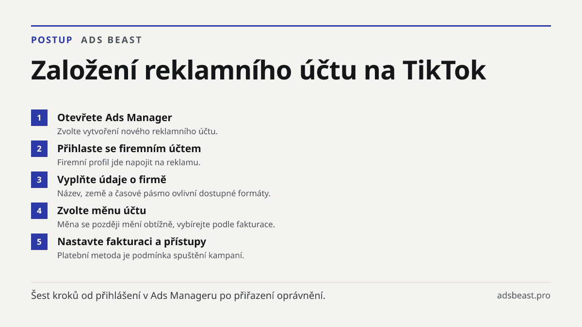 Založení reklamního účtu na TikTok. Otevřete Ads Manager: Zvolte vytvoření nového reklamního účtu.; Přihlaste se firemním účtem: Firemní profil jde napojit na reklamu.; Vyplňte údaje o firmě: Název, země a časové pásmo ovlivní dostupné formáty.; Zvolte měnu účtu: Měna se později mění obtížně, vybíre