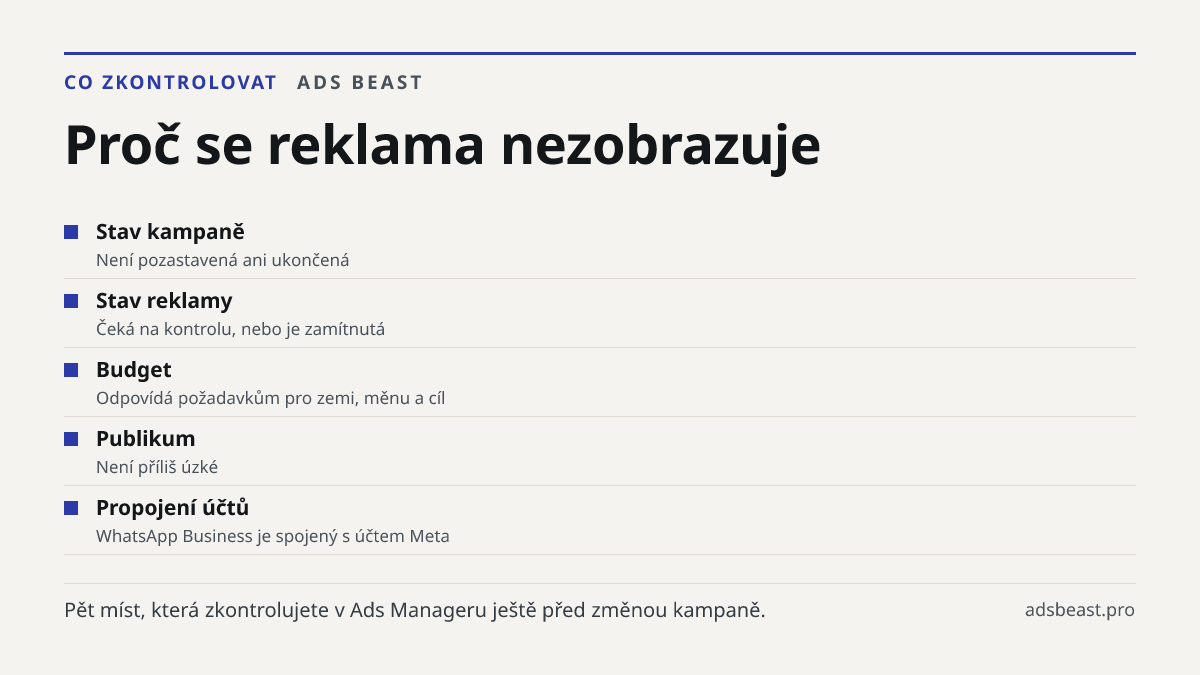 Proč se reklama nezobrazuje. Stav kampaně: Není pozastavená ani ukončená; Stav reklamy: Čeká na kontrolu, nebo je zamítnutá; Budget: Odpovídá požadavkům pro zemi, měnu a cíl; Publikum: Není příliš úzké; Propojení účtů: WhatsApp Business je spojený s účtem Meta