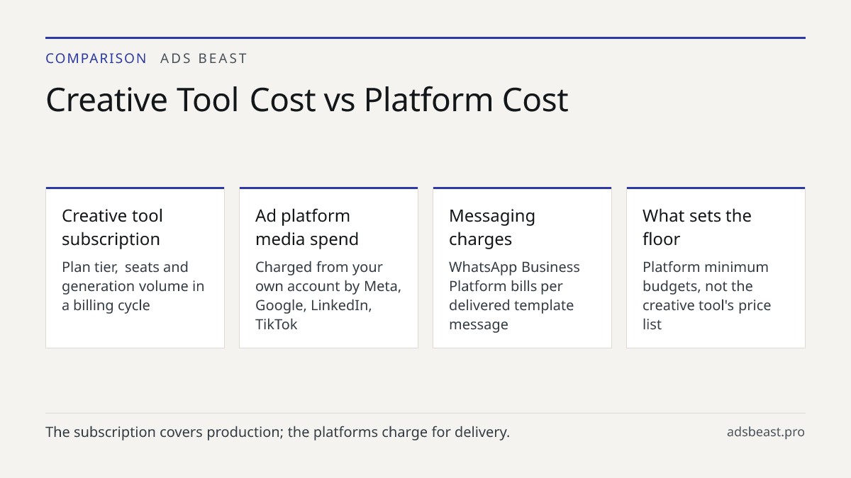 Creative Tool Cost vs Platform Cost. Creative tool subscription: Plan tier, seats and generation volume in a billing cycle; Ad platform media spend: Charged from your own account by Meta, Google, LinkedIn, TikTok; Messaging charges: WhatsApp Business Platform bills per delivered template message; Wh