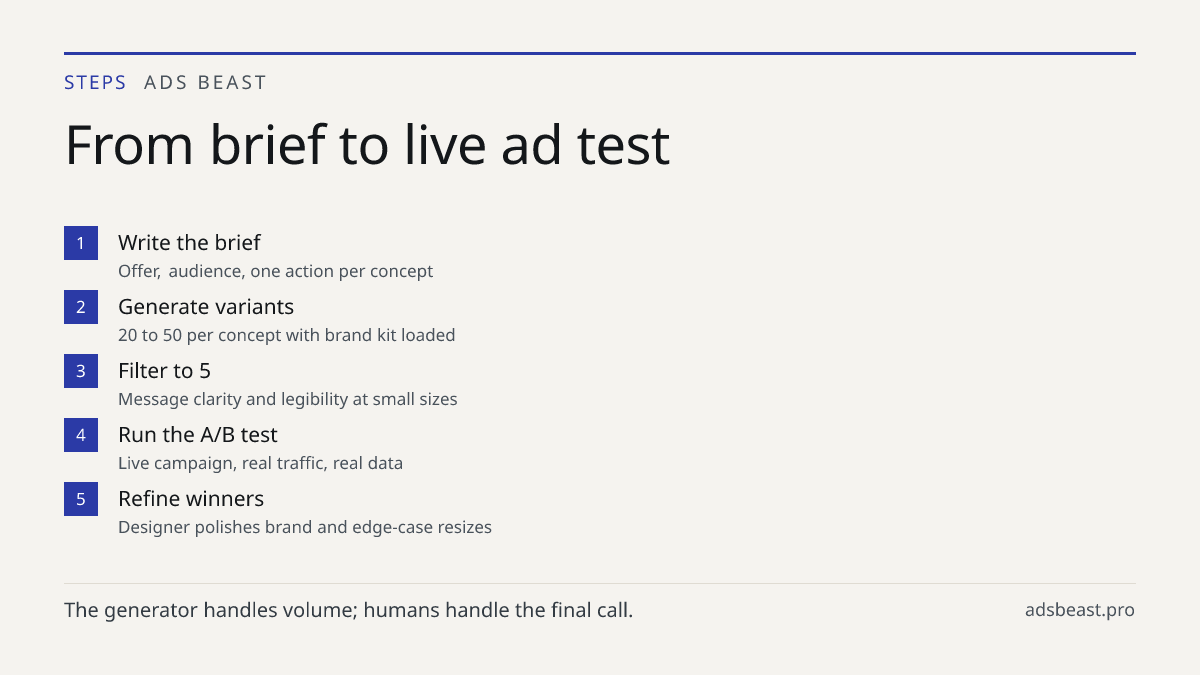 From brief to live ad test. Write the brief: Offer, audience, one action per concept; Generate variants: 20 to 50 per concept with brand kit loaded; Filter to 5: Message clarity and legibility at small sizes; Run the A/B test: Live campaign, real traffic, real data; Refine winners: Designer polishes