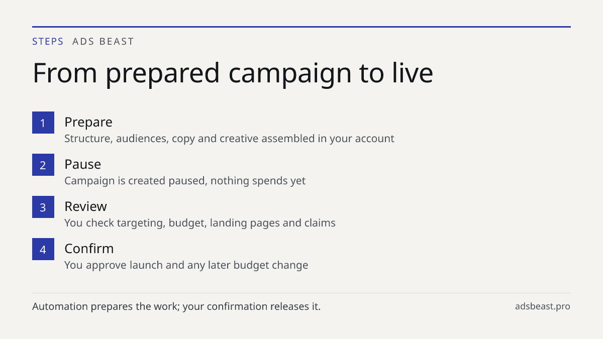 From prepared campaign to live. Prepare: Structure, audiences, copy and creative assembled in your account; Pause: Campaign is created paused, nothing spends yet; Review: You check targeting, budget, landing pages and claims; Confirm: You approve launch and any later budget change