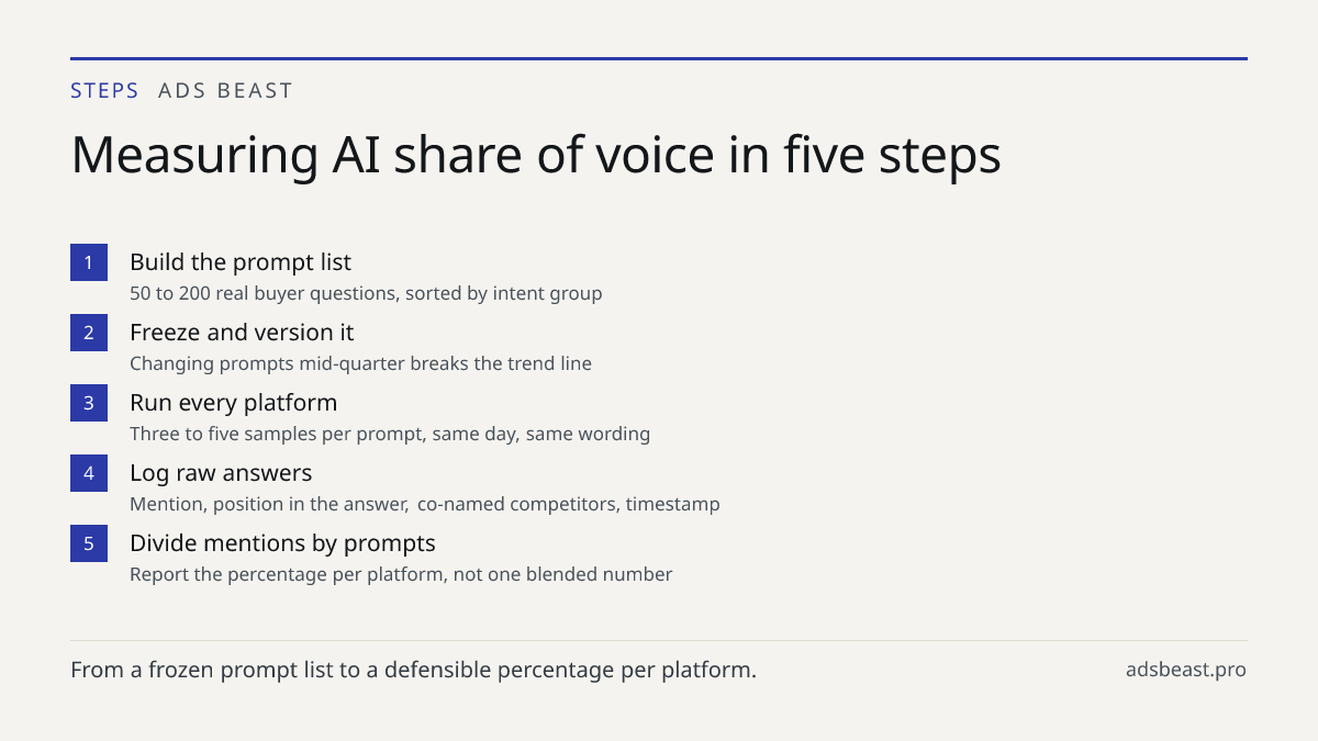 Measuring AI share of voice in five steps. Build the prompt list: 50 to 200 real buyer questions, sorted by intent group; Freeze and version it: Changing prompts mid-quarter breaks the trend line; Run every platform: Three to five samples per prompt, same day, same wording; Log raw answers: Mention,