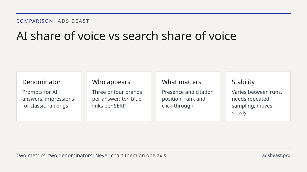 AI share of voice vs search share of voice. Denominator: Prompts for AI answers; impressions for classic rankings; Who appears: Three or four brands per answer; ten blue links per SERP; What matters: Presence and citation position; rank and click-through; Stability: Varies between runs, needs repeat