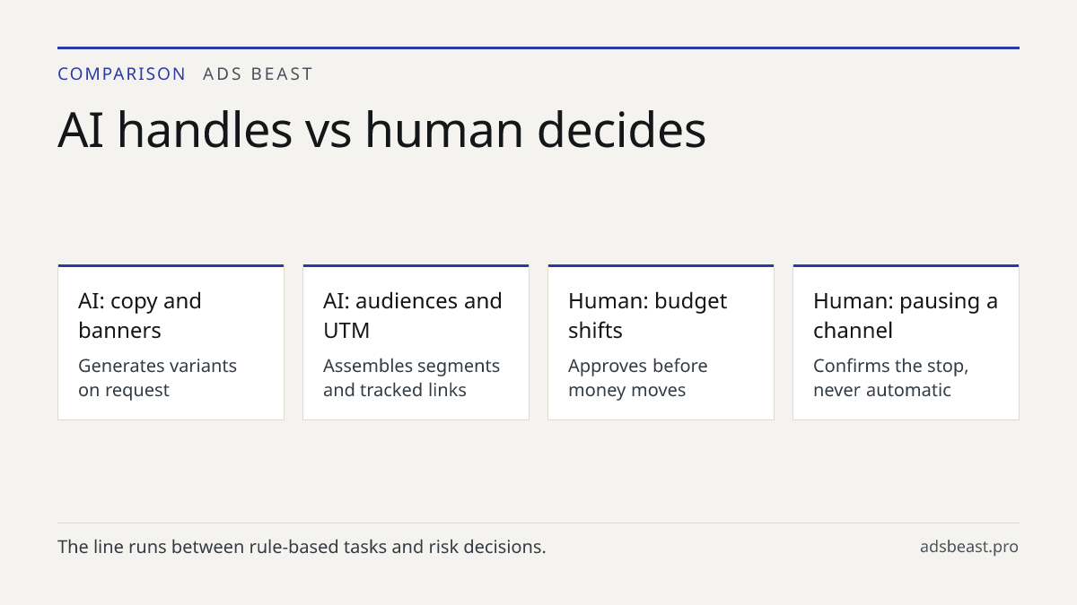 AI handles vs human decides. AI: copy and banners: Generates variants on request; AI: audiences and UTM: Assembles segments and tracked links; Human: budget shifts: Approves before money moves; Human: pausing a channel: Confirms the stop, never automatic