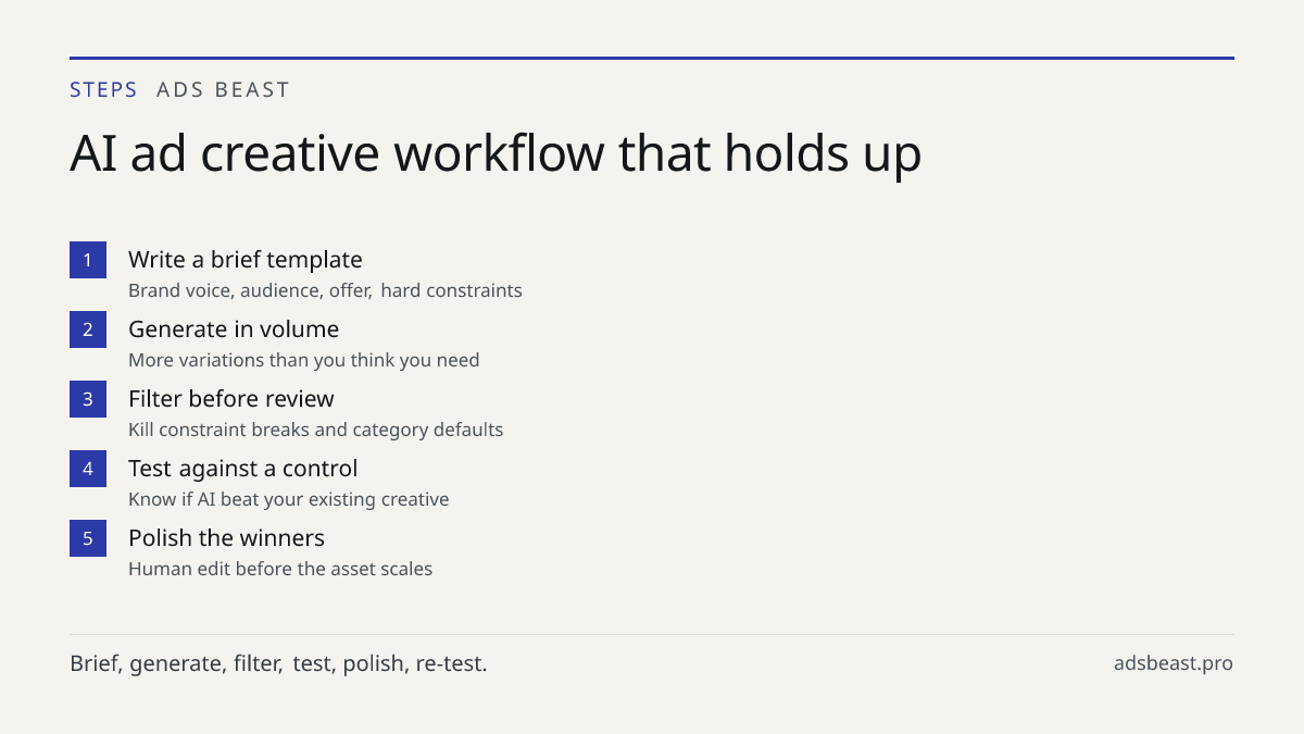 AI ad creative workflow that holds up. Write a brief template: Brand voice, audience, offer, hard constraints; Generate in volume: More variations than you think you need; Filter before review: Kill constraint breaks and category defaults; Test against a control: Know if AI beat your existing creati