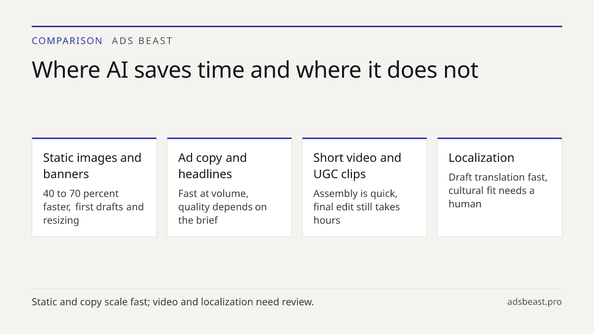 Where AI saves time and where it does not. Static images and banners: 40 to 70 percent faster, first drafts and resizing; Ad copy and headlines: Fast at volume, quality depends on the brief; Short video and UGC clips: Assembly is quick, final edit still takes hours; Localization: Draft translation f