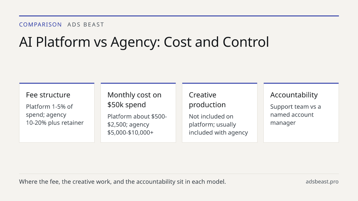 AI Platform vs Agency: Cost and Control. Fee structure: Platform 1-5% of spend; agency 10-20% plus retainer; Monthly cost on $50k spend: Platform about $500-$2,500; agency $5,000-$10,000+; Creative production: Not included on platform; usually included with agency; Accountability: Support team vs a 