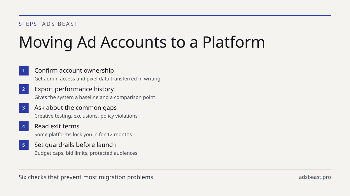 Moving Ad Accounts to a Platform. Confirm account ownership: Get admin access and pixel data transferred in writing; Export performance history: Gives the system a baseline and a comparison point; Ask about the common gaps: Creative testing, exclusions, policy violations; Read exit terms: Some platf