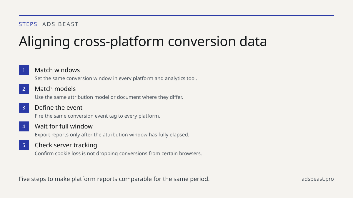 Aligning cross-platform conversion data. Match windows: Set the same conversion window in every platform and analytics tool.; Match models: Use the same attribution model or document where they differ.; Define the event: Fire the same conversion event tag to every platform.; Wait for full window: Ex