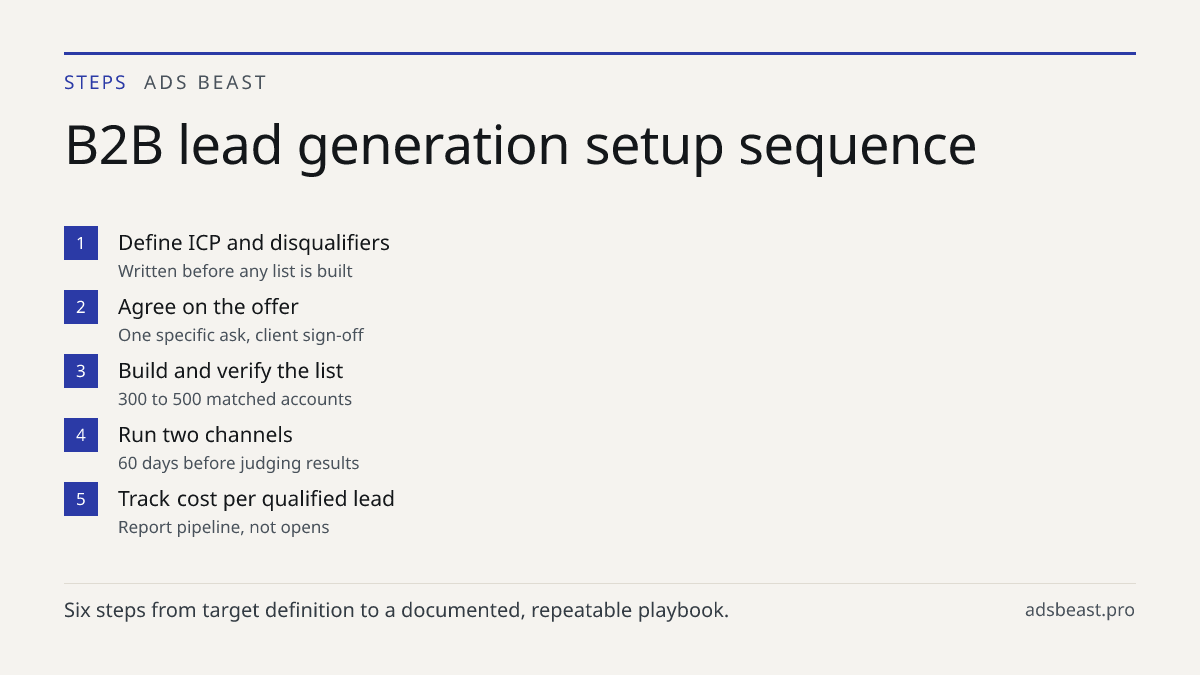 B2B lead generation setup sequence. Define ICP and disqualifiers: Written before any list is built; Agree on the offer: One specific ask, client sign-off; Build and verify the list: 300 to 500 matched accounts; Run two channels: 60 days before judging results; Track cost per qualified lead: Report p