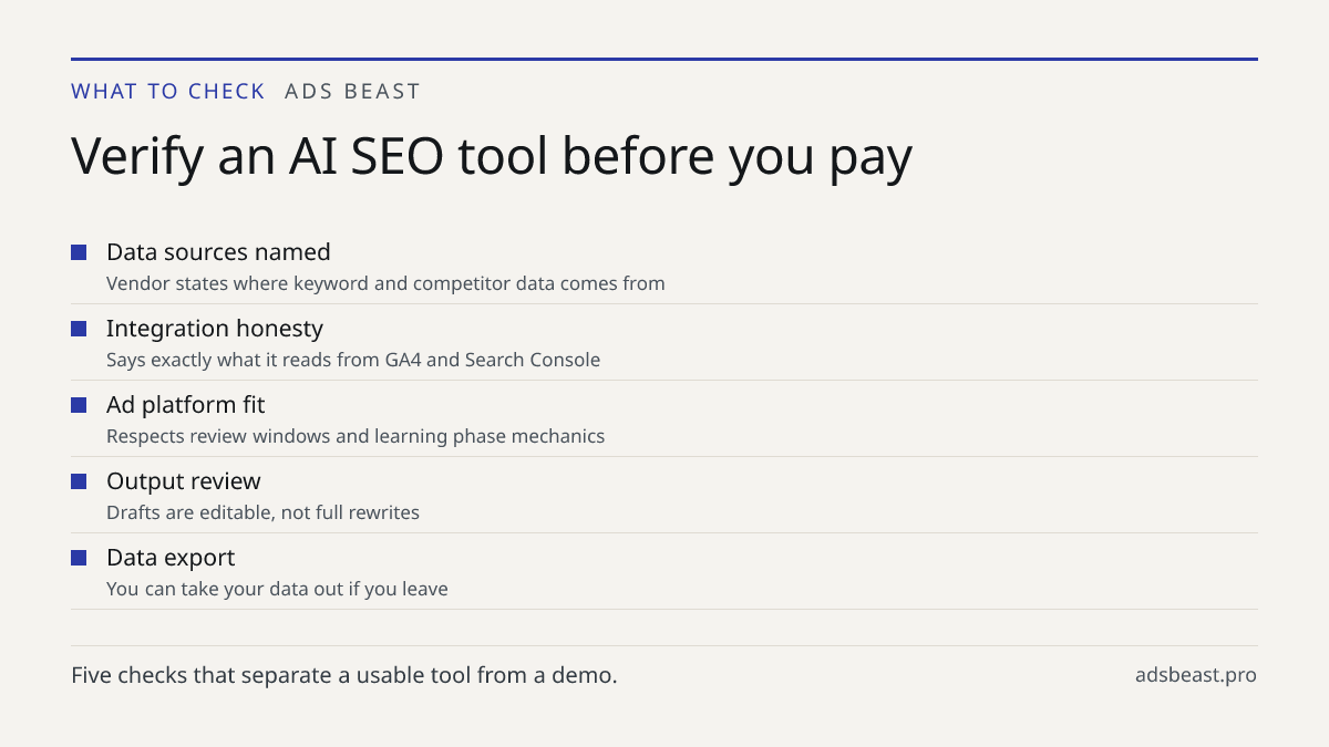 Verify an AI SEO tool before you pay. Data sources named: Vendor states where keyword and competitor data comes from; Integration honesty: Says exactly what it reads from GA4 and Search Console; Ad platform fit: Respects review windows and learning phase mechanics; Output review: Drafts are editable