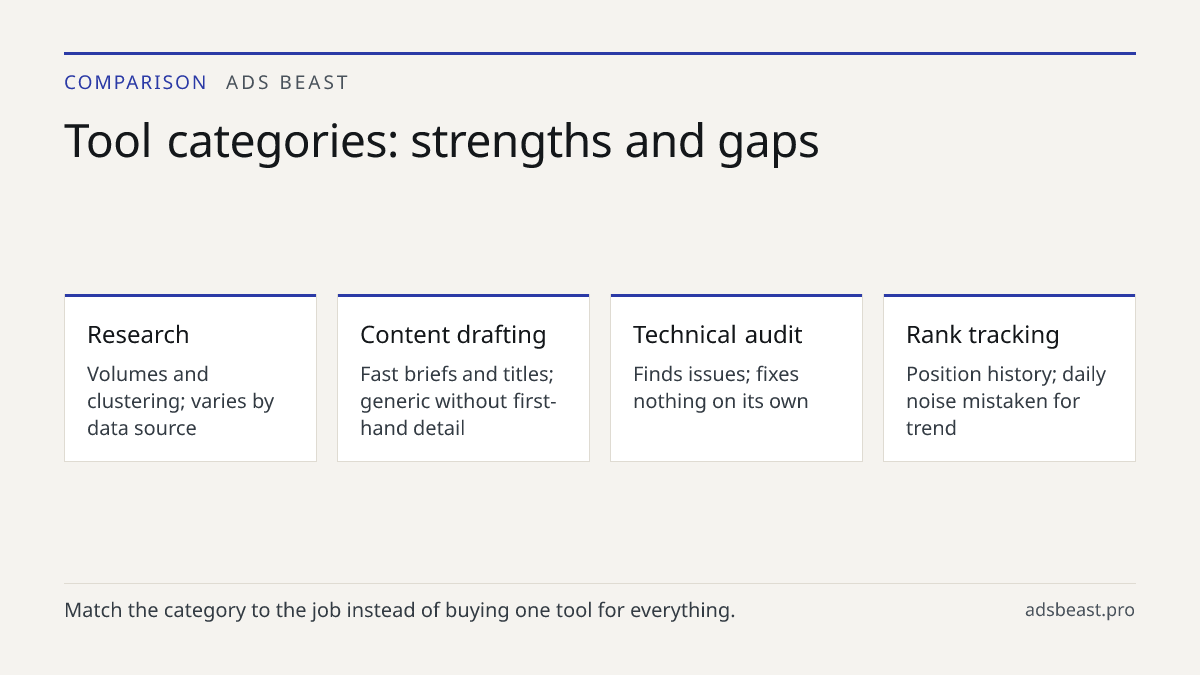 Tool categories: strengths and gaps. Research: Volumes and clustering; varies by data source; Content drafting: Fast briefs and titles; generic without first-hand detail; Technical audit: Finds issues; fixes nothing on its own; Rank tracking: Position history; daily noise mistaken for trend; AI answ
