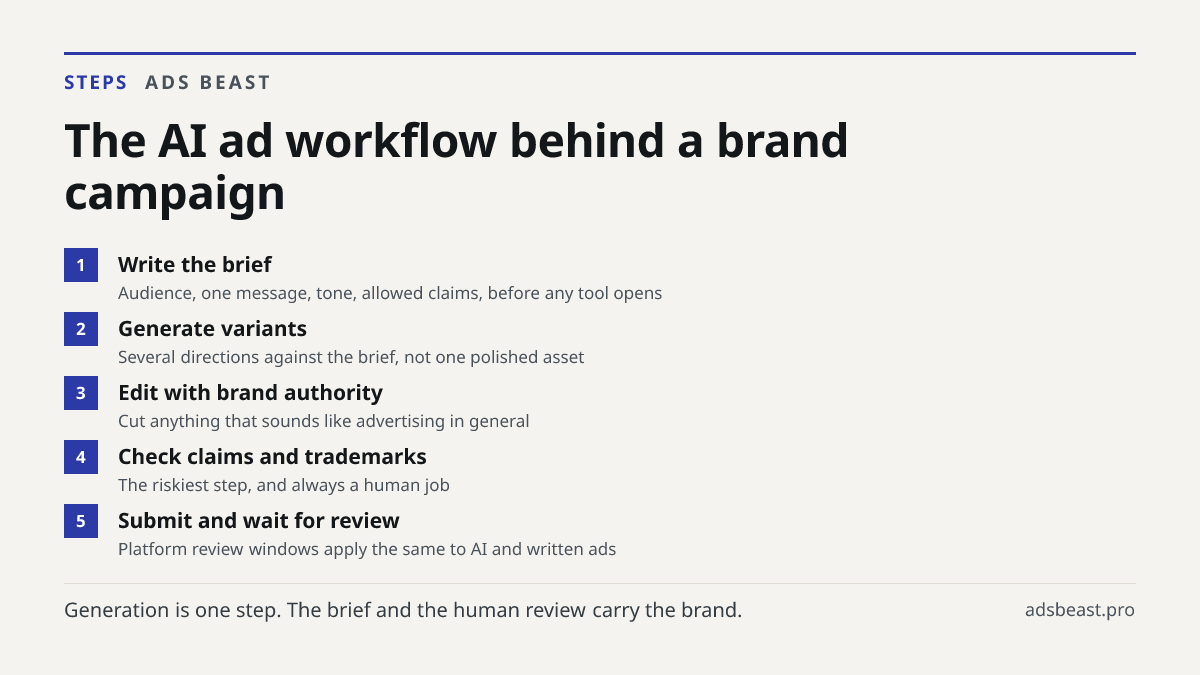 The AI ad workflow behind a brand campaign. Write the brief: Audience, one message, tone, allowed claims, before any tool opens; Generate variants: Several directions against the brief, not one polished asset; Edit with brand authority: Cut anything that sounds like advertising in general; Check cla