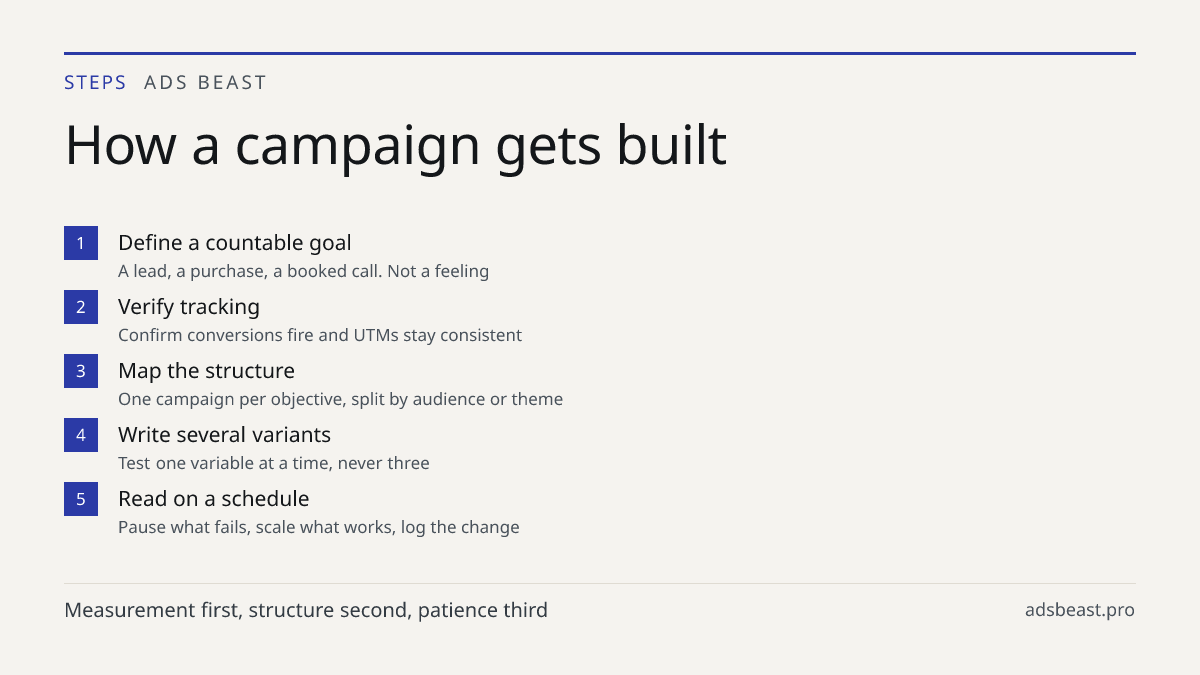 How a campaign gets built. Define a countable goal: A lead, a purchase, a booked call. Not a feeling; Verify tracking: Confirm conversions fire and UTMs stay consistent; Map the structure: One campaign per objective, split by audience or theme; Write several variants: Test one variable at a time, ne