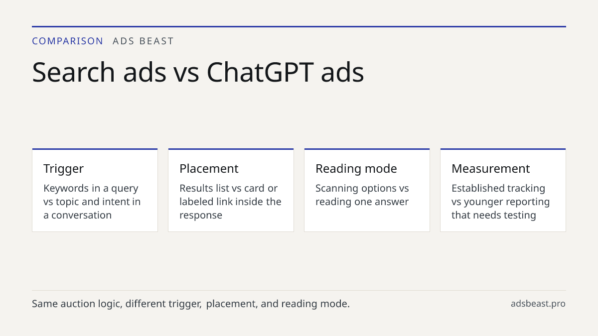 Search ads vs ChatGPT ads. Trigger: Keywords in a query vs topic and intent in a conversation; Placement: Results list vs card or labeled link inside the response; Reading mode: Scanning options vs reading one answer; Measurement: Established tracking vs younger reporting that needs testing