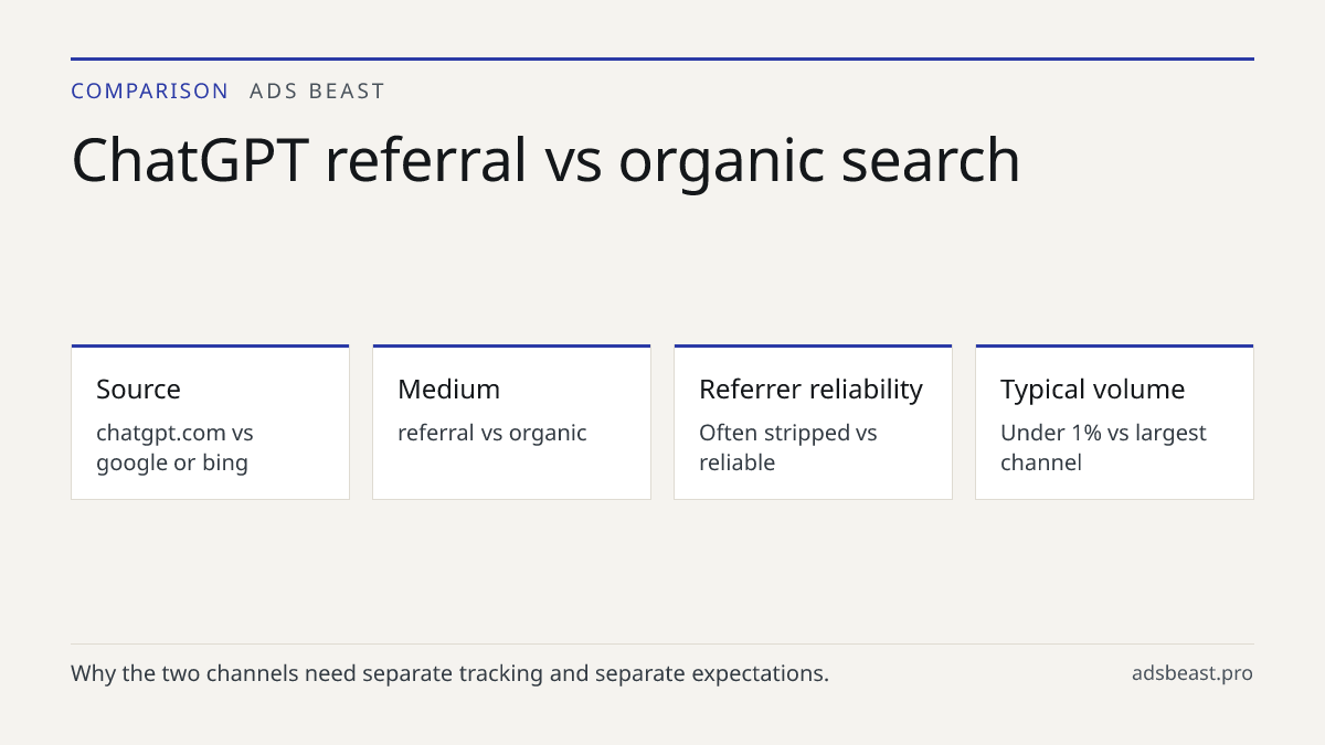 ChatGPT referral vs organic search. Source: chatgpt.com vs google or bing; Medium: referral vs organic; Referrer reliability: Often stripped vs reliable; Typical volume: Under 1% vs largest channel