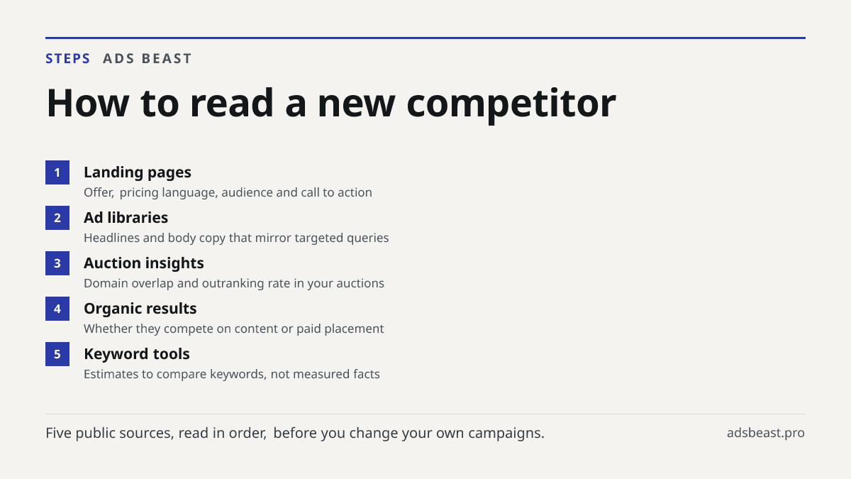 How to read a new competitor. Landing pages: Offer, pricing language, audience and call to action; Ad libraries: Headlines and body copy that mirror targeted queries; Auction insights: Domain overlap and outranking rate in your auctions; Organic results: Whether they compete on content or paid place
