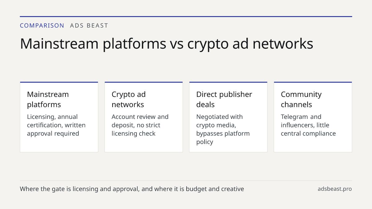 Mainstream platforms vs crypto ad networks. Mainstream platforms: Licensing, annual certification, written approval required; Crypto ad networks: Account review and deposit, no strict licensing check; Direct publisher deals: Negotiated with crypto media, bypasses platform policy; Community channels: