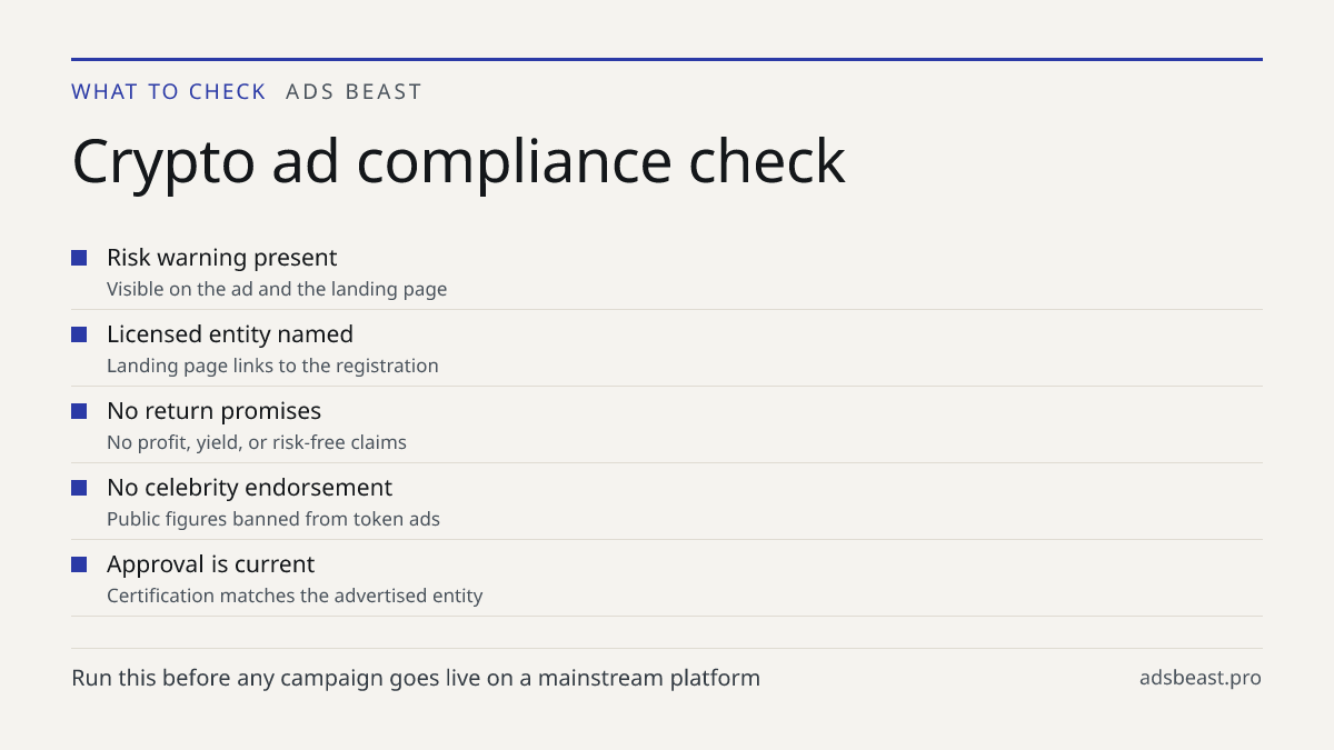 Crypto ad compliance check. Risk warning present: Visible on the ad and the landing page; Licensed entity named: Landing page links to the registration; No return promises: No profit, yield, or risk-free claims; No celebrity endorsement: Public figures banned from token ads; Approval is current: Cer