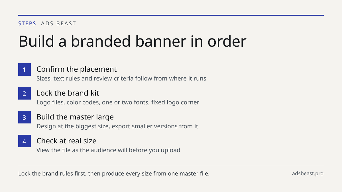 Build a branded banner in order. Confirm the placement: Sizes, text rules and review criteria follow from where it runs; Lock the brand kit: Logo files, color codes, one or two fonts, fixed logo corner; Build the master large: Design at the biggest size, export smaller versions from it; Check at rea
