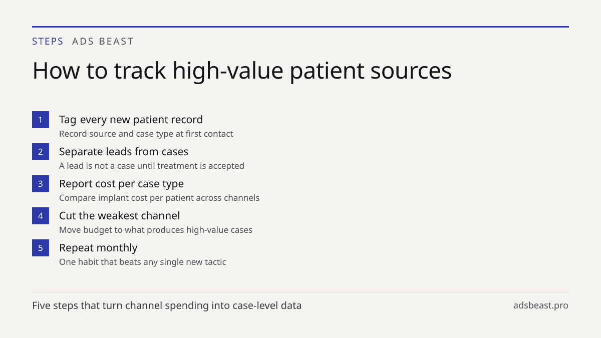 How to track high-value patient sources. Tag every new patient record: Record source and case type at first contact; Separate leads from cases: A lead is not a case until treatment is accepted; Report cost per case type: Compare implant cost per patient across channels; Cut the weakest channel: Move