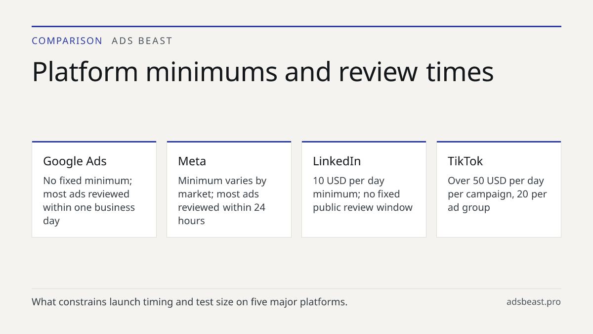 Platform minimums and review times. Google Ads: No fixed minimum; most ads reviewed within one business day; Meta: Minimum varies by market; most ads reviewed within 24 hours; LinkedIn: 10 USD per day minimum; no fixed public review window; TikTok: Over 50 USD per day per campaign, 20 per ad group; 